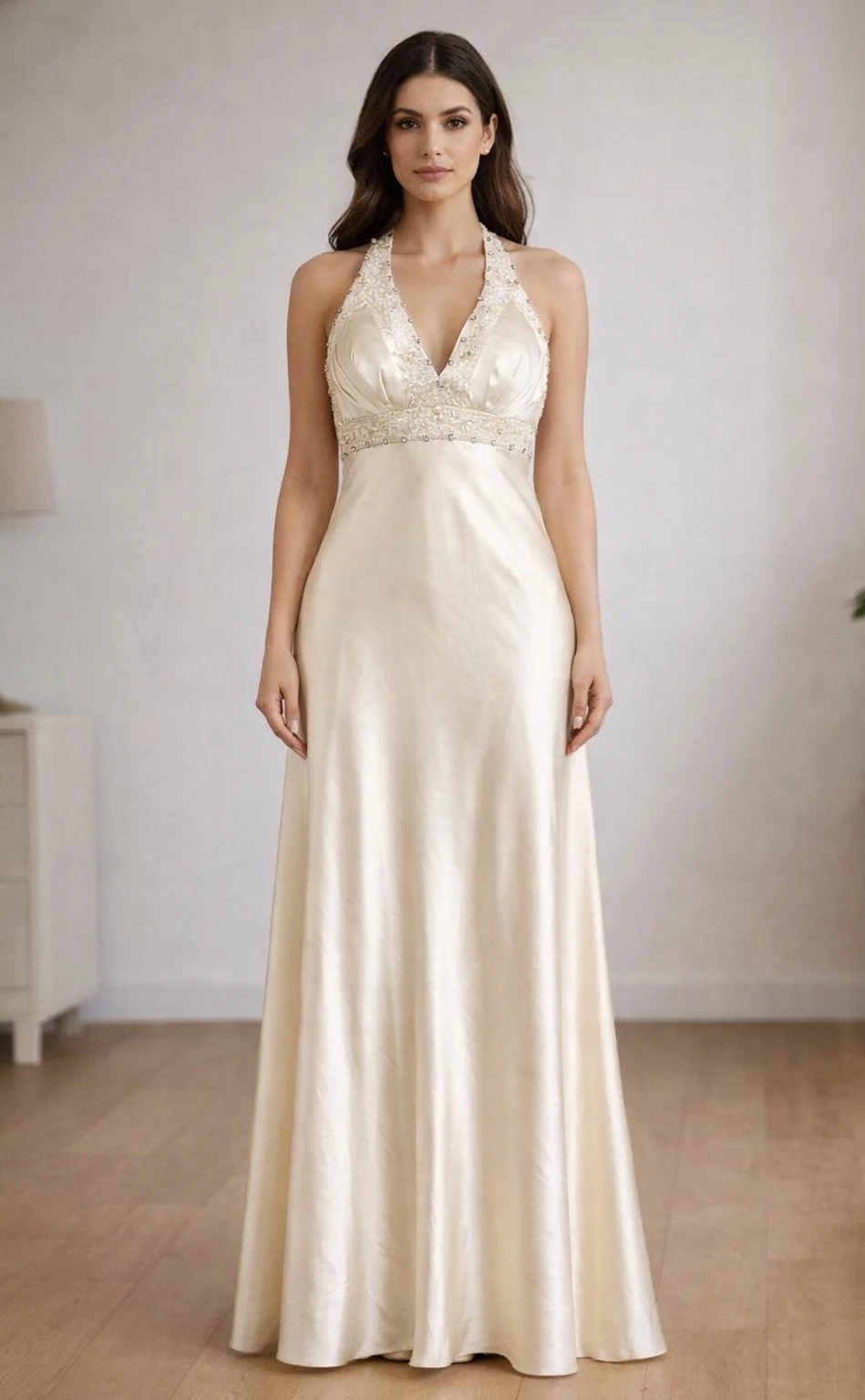 Champagne Satin Halter Neck Embellished Evening Gown