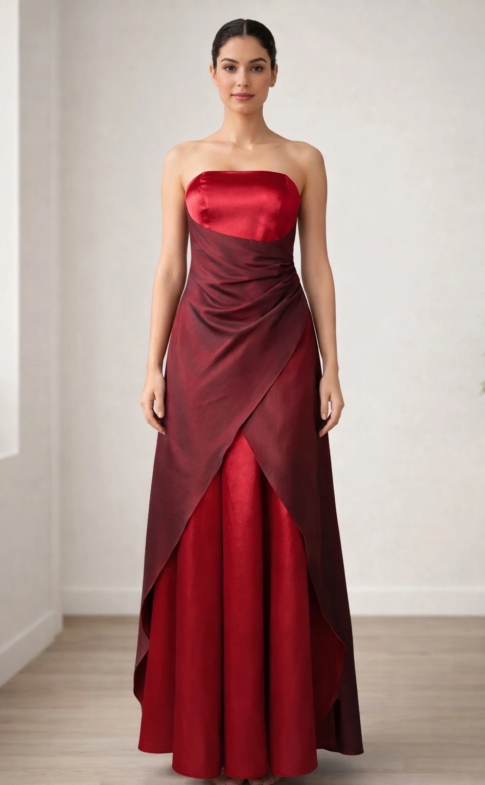 Crimson Dual Tone Strapless Satin Evening Gown