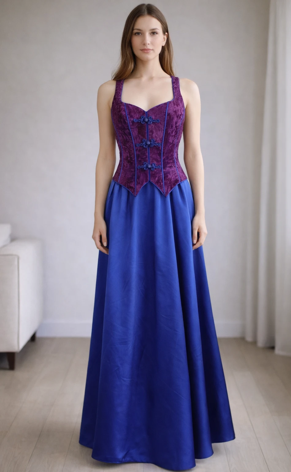 Royal Blue Satin Gown with Purple Embellished Corset Bodice