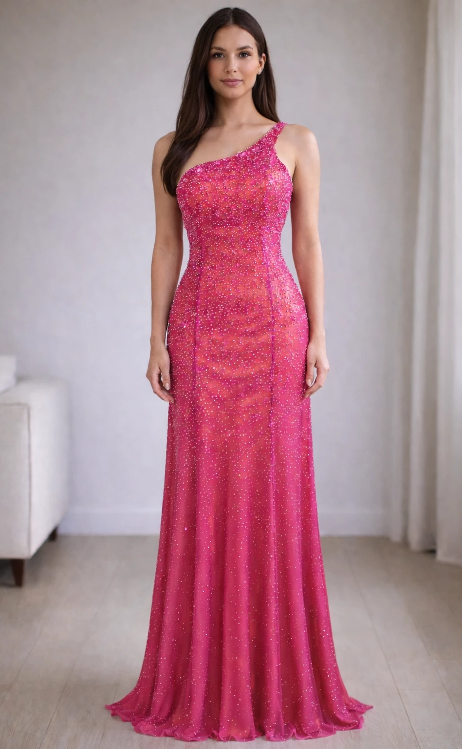 Pink One Shoulder Embellished Evening Gown