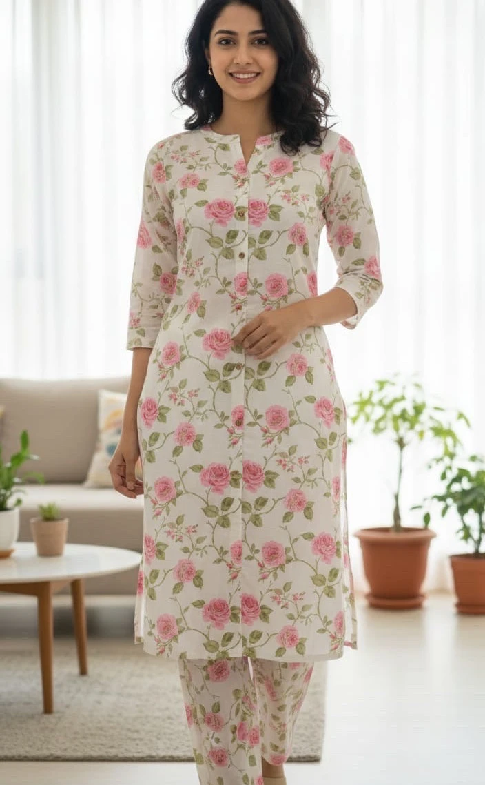 Soft Ivory Floral Printed Kurta Pant Set