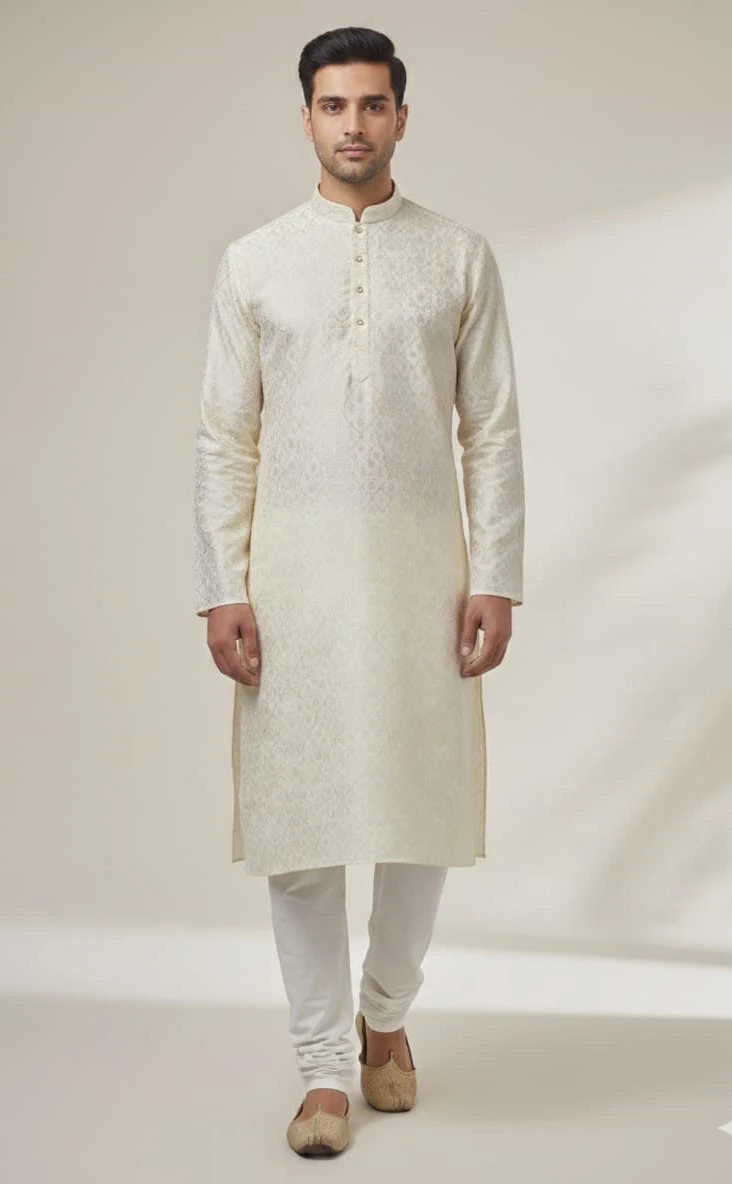Elegant Cream Embroidered Festive Kurta Set