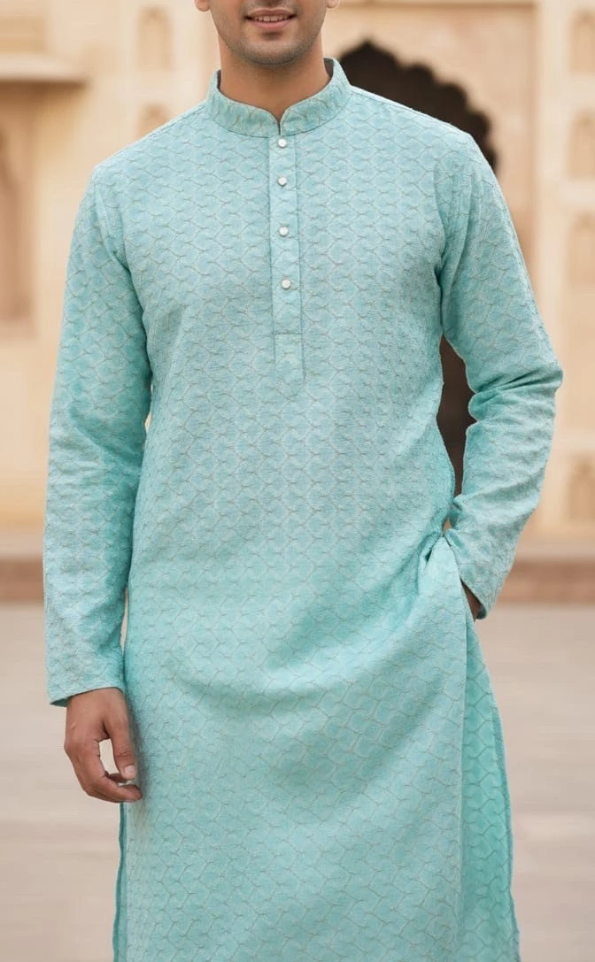 Mint Blue Textured Festive Kurta Set