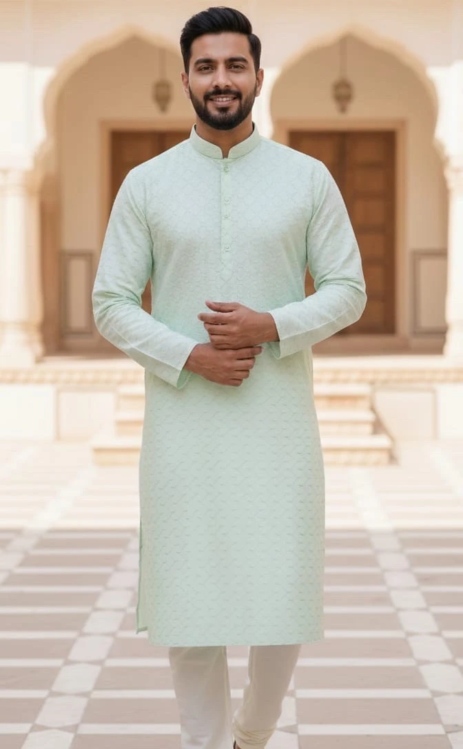 Pastel Mint Embroidered Festive Kurta Set