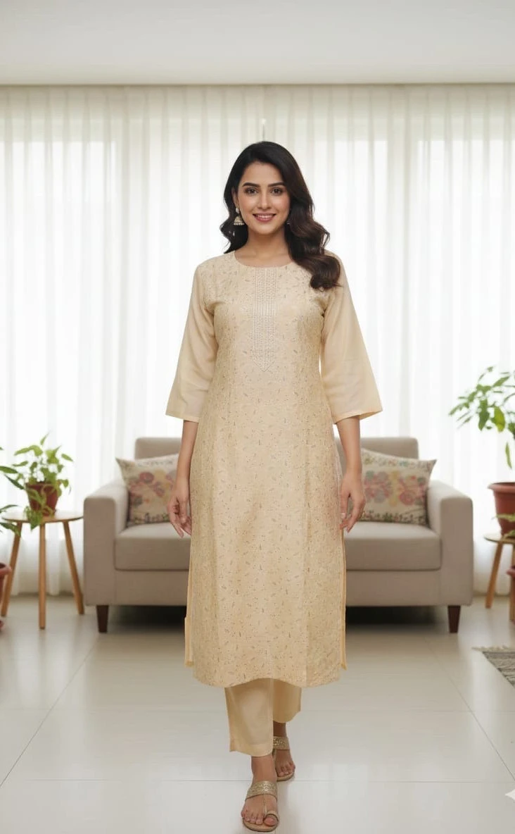 Elegant Beige Straight Kurta with Subtle Embroidery