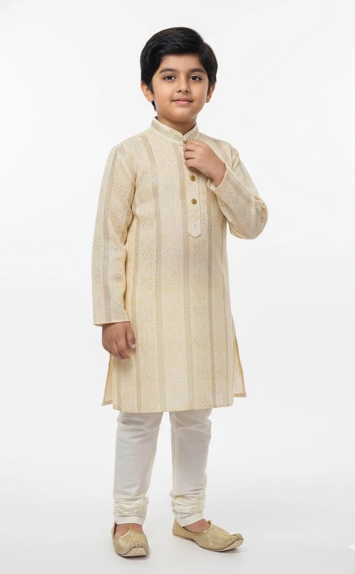Boys Cream Textured Kurta Set with Pajama