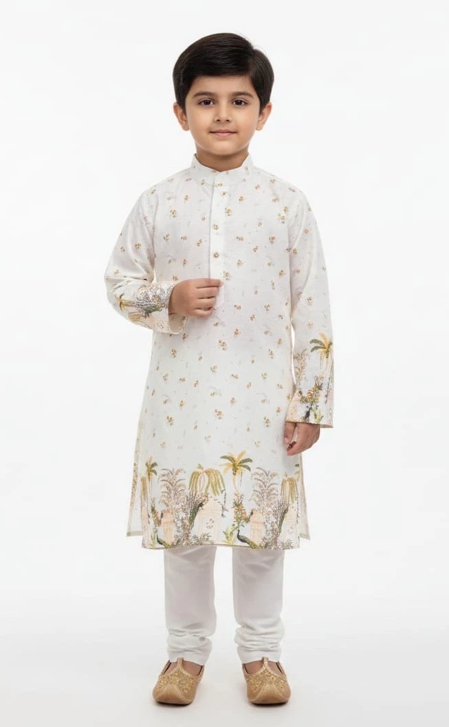 Boys Ivory Printed Kurta Pajama Set with Nature Motif