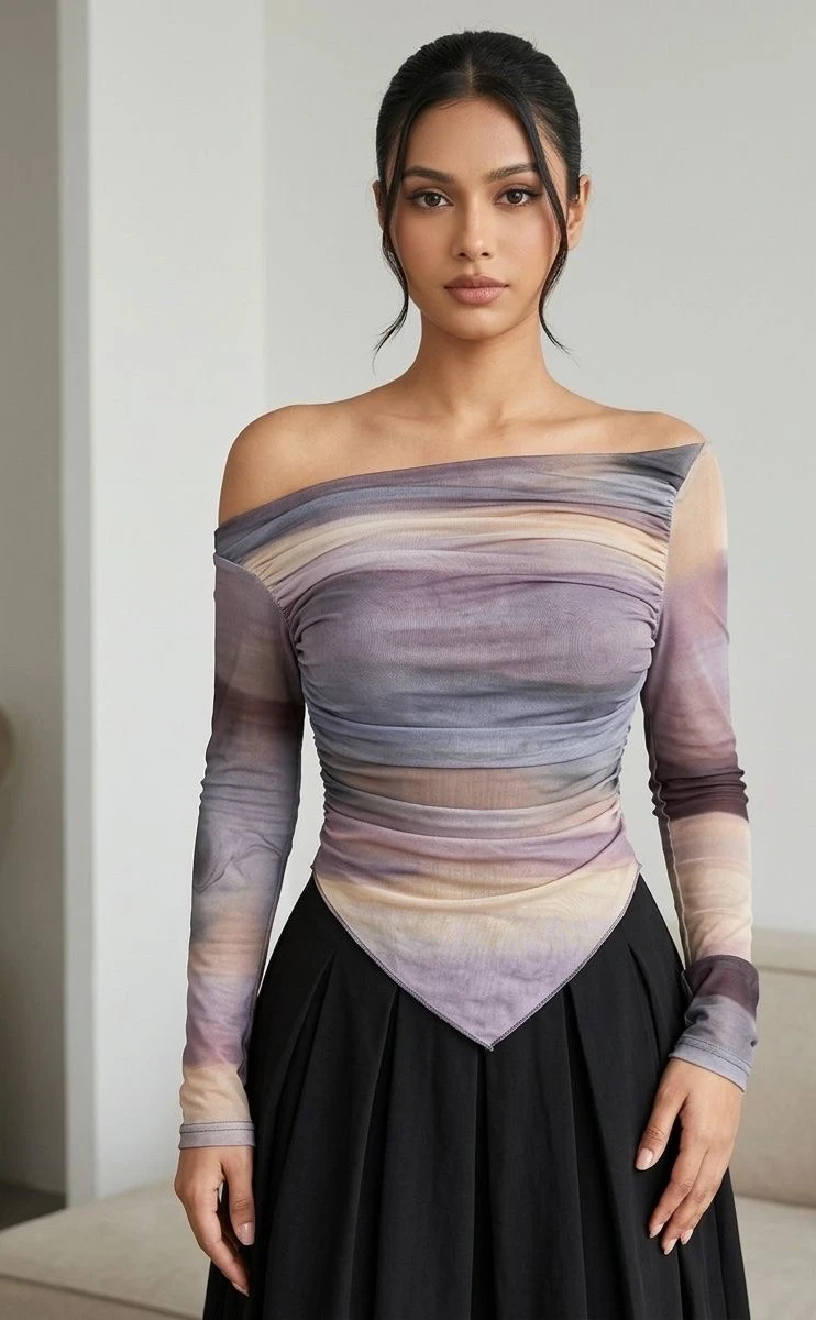 Women's Abstract Printed Ruched Off-Shoulder Top