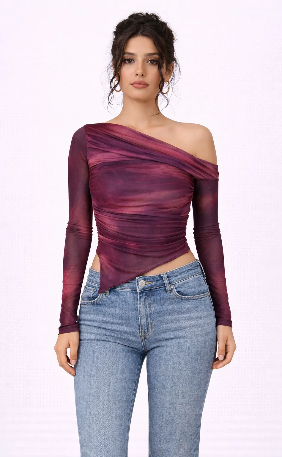 Women's Asymmetric Draped Mesh Long Sleeve Fashion Top