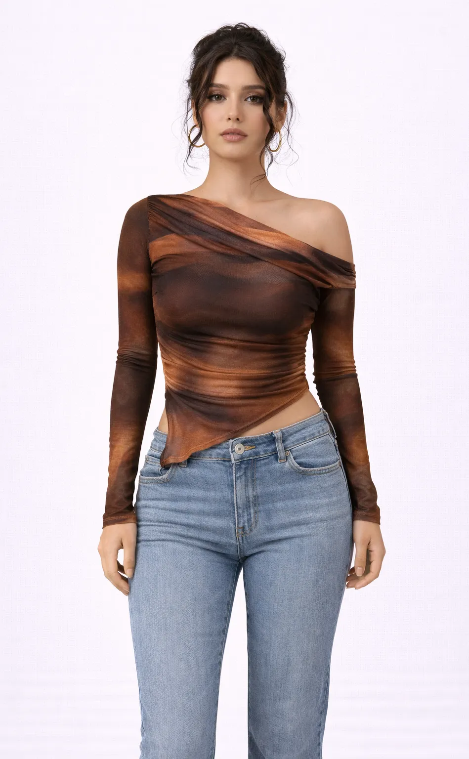 Women's Printed Off-Shoulder Asymmetrical Mesh Top