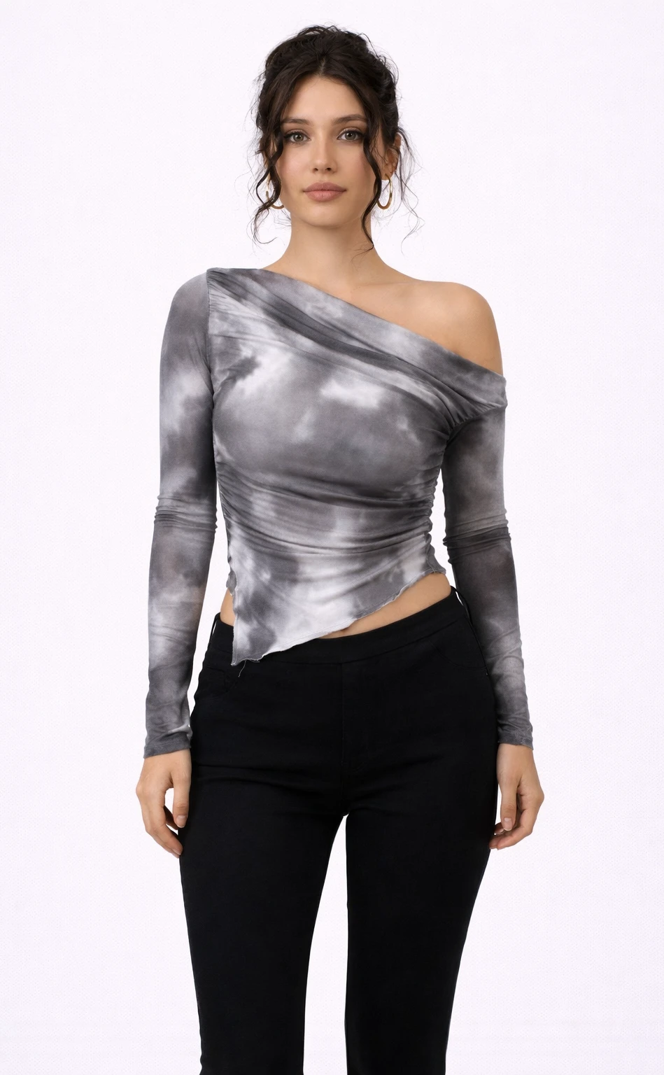 Women's Asymmetrical Tie-Dye Long Sleeve Off-Shoulder Top