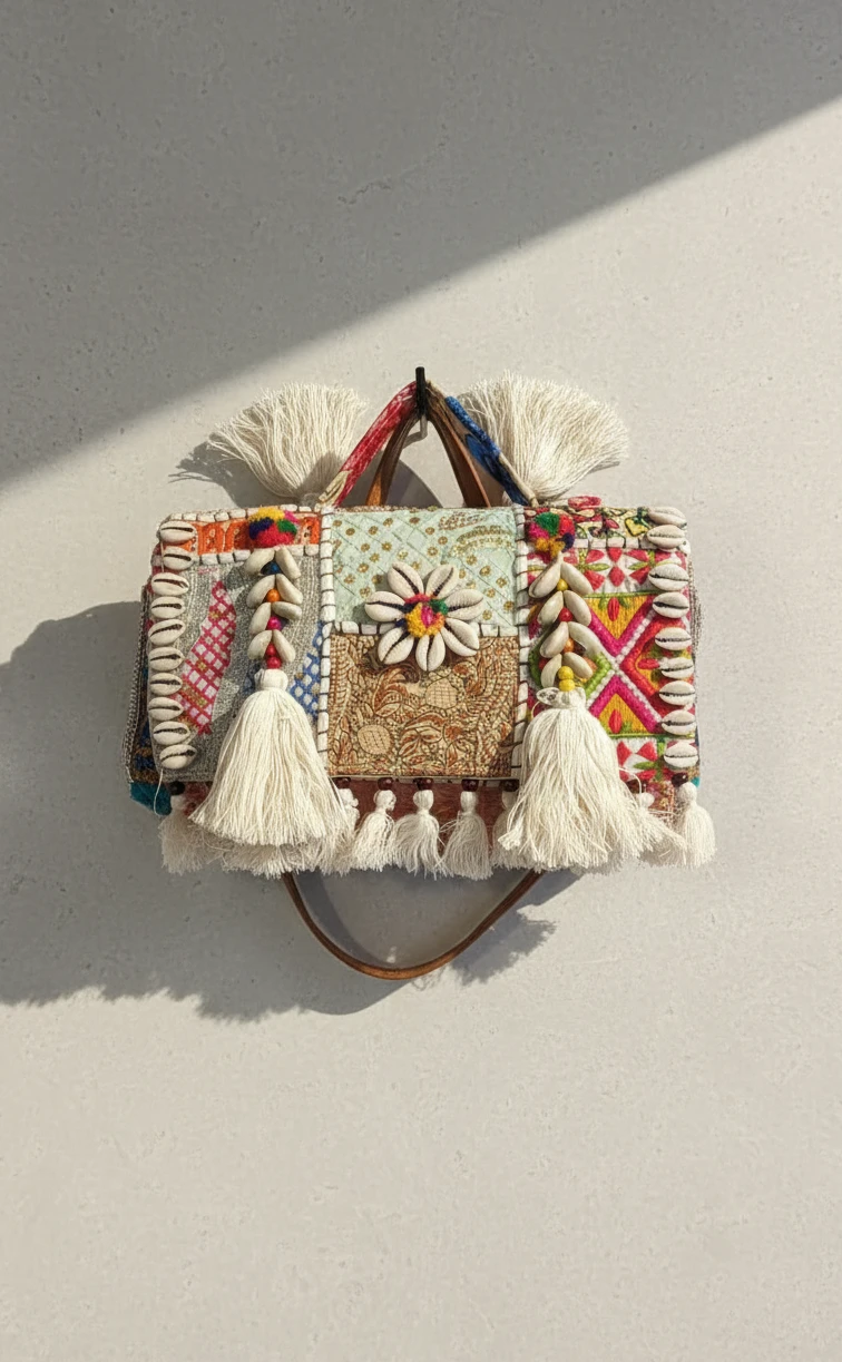 Artisan Crafted Bohemian Patchwork Handbag with Shells