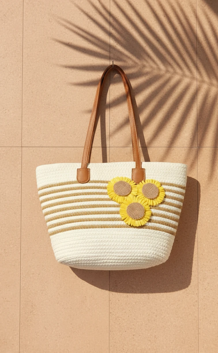 Stylish Woven Straw Tote Bag with Sunflower Embellishment