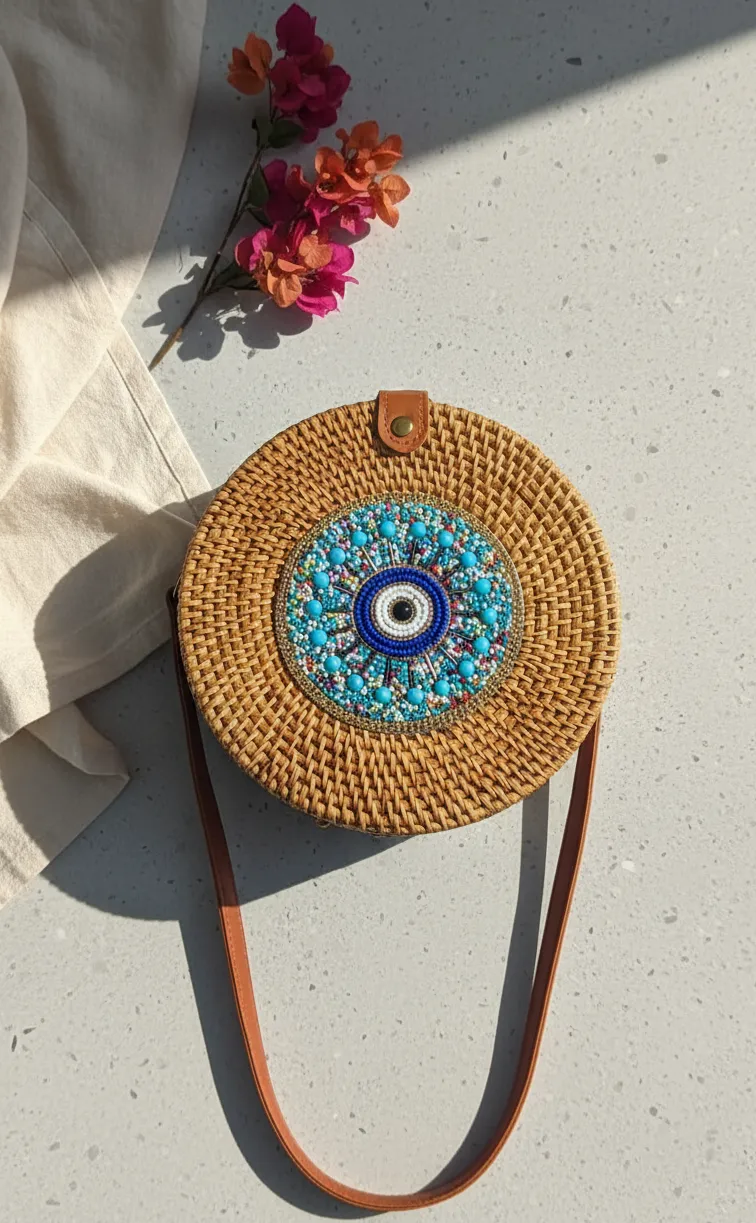 Handwoven Rattan Evil Eye Round Crossbody Bag