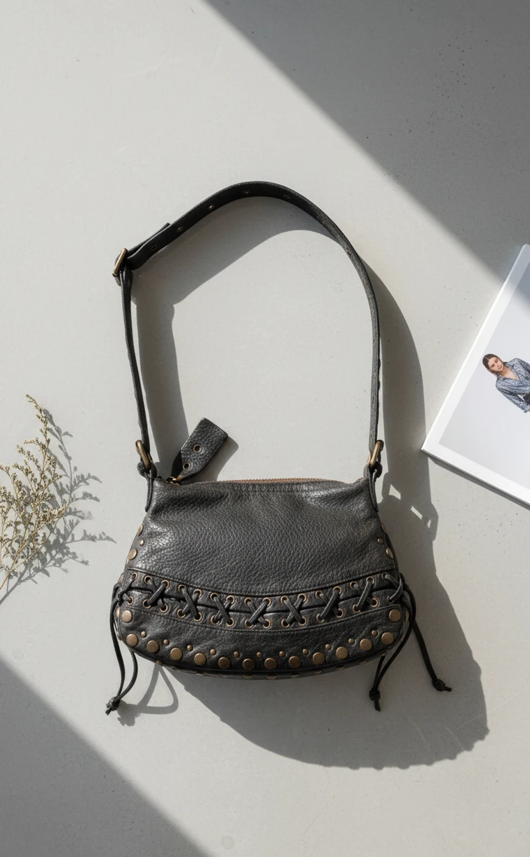 Stylish Leather Hobo Handbag with Studded Detailing