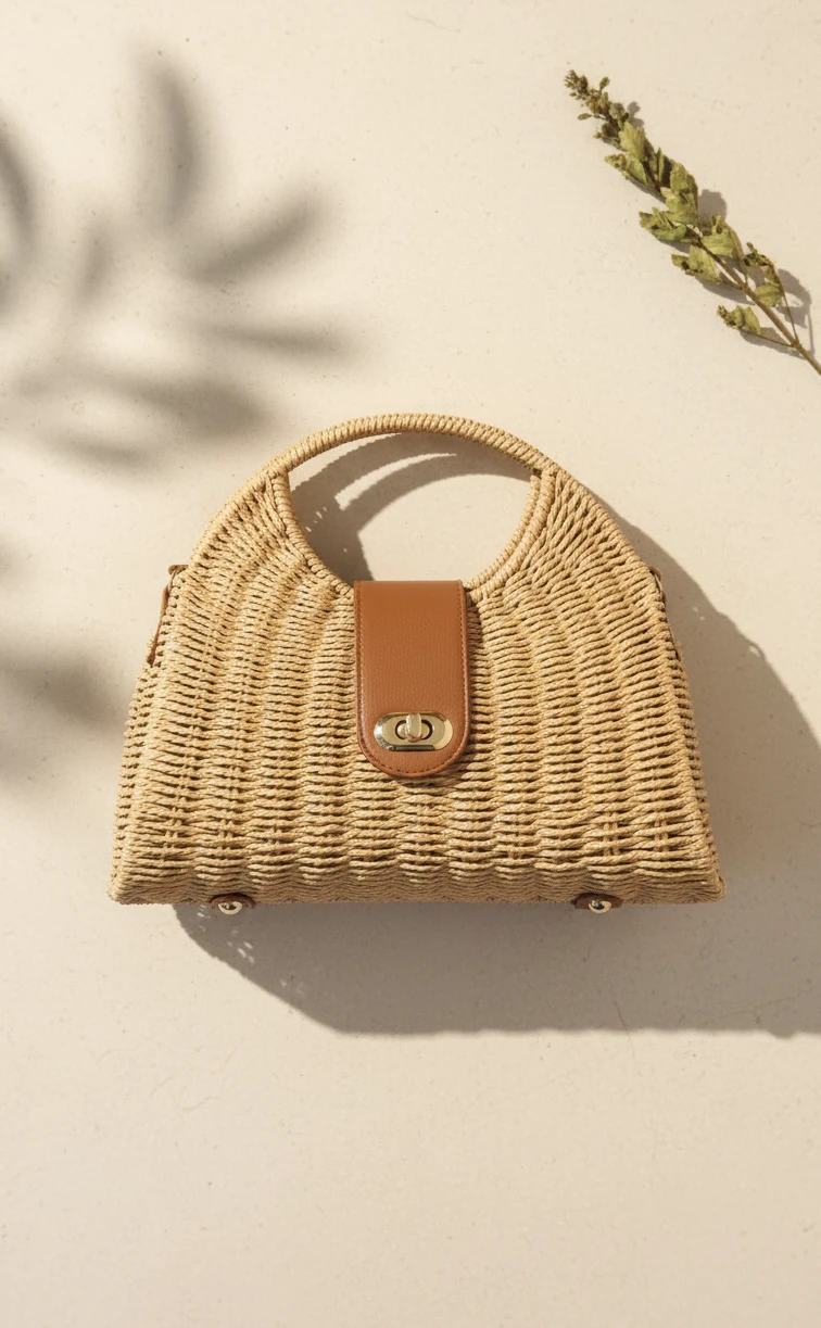 Chic Woven Rattan Handbag with Faux Leather Flap & Top Handle