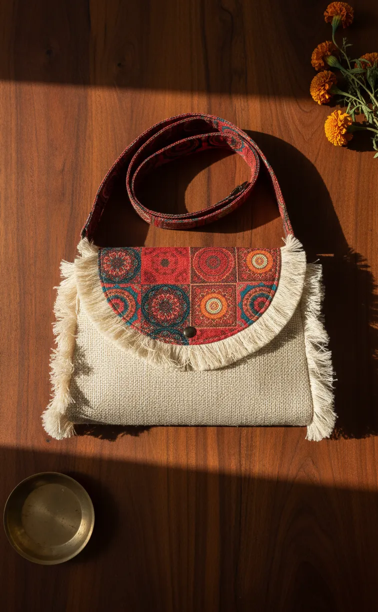Artisanal Woven Shoulder Bag with Fringed Flap