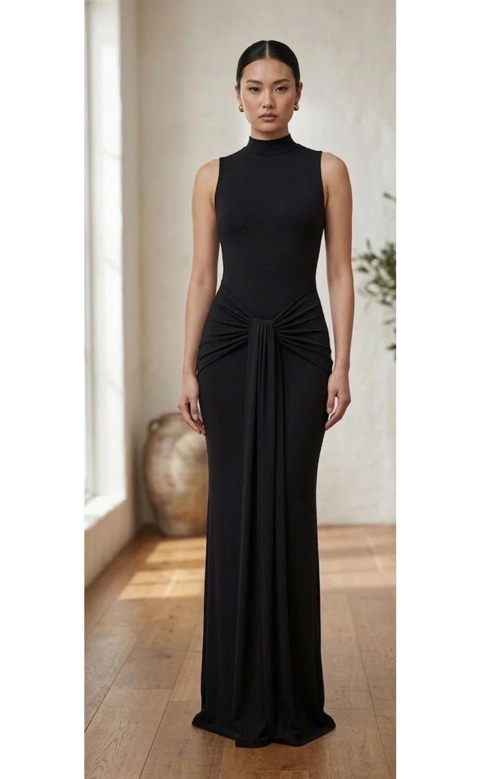 Elegant Sleeveless High-Neck Maxi Dress with Front Knot