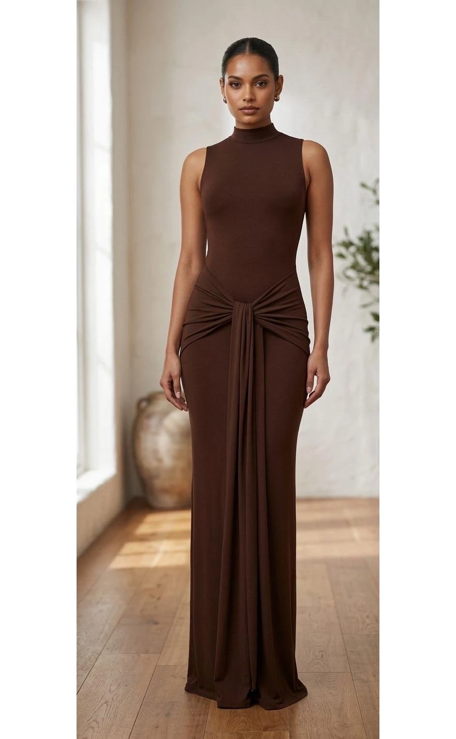 Elegant Women's Chocolate Brown Mock Neck Maxi Dress