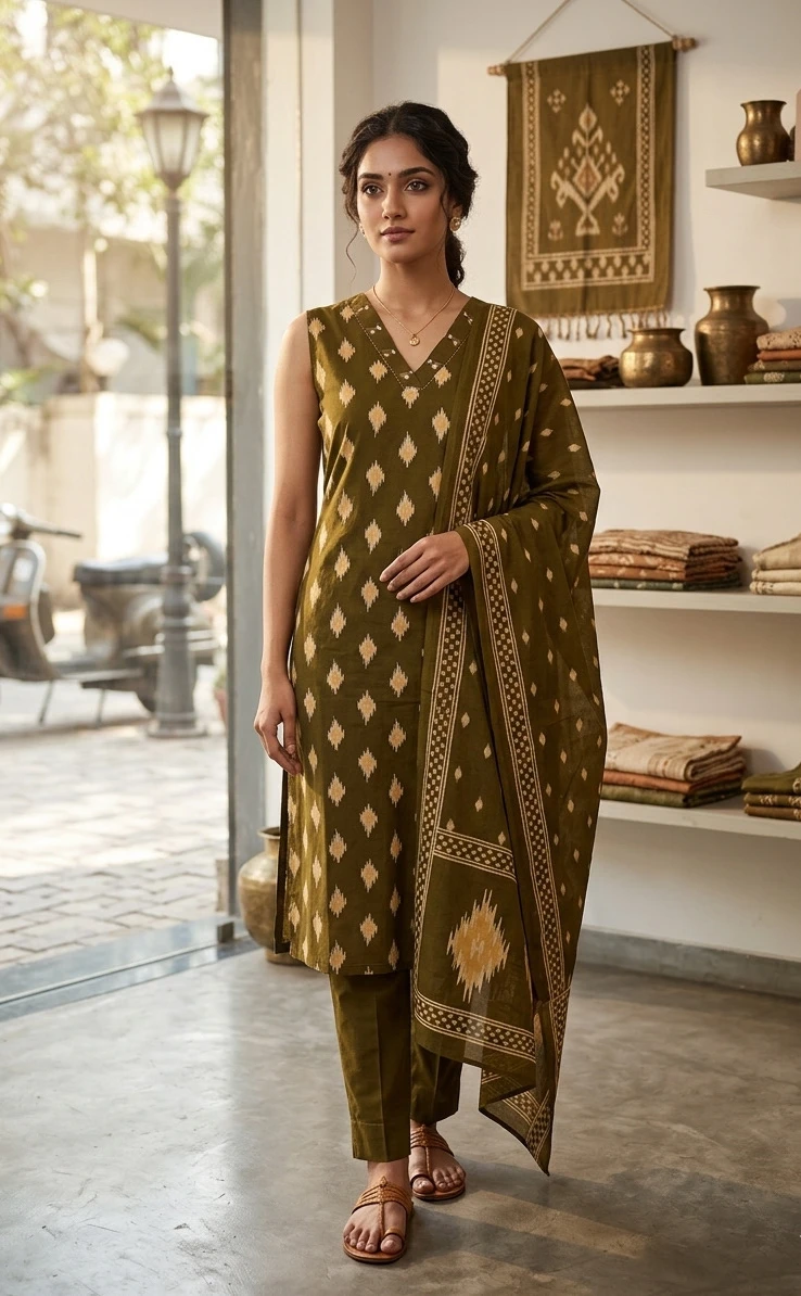 cotton Women's Olive Green Ikat Print Kurta Set with Dupatta
