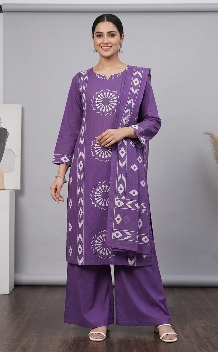 Elegant Women's Purple Printed Cotton Kurta Set with Dupatta