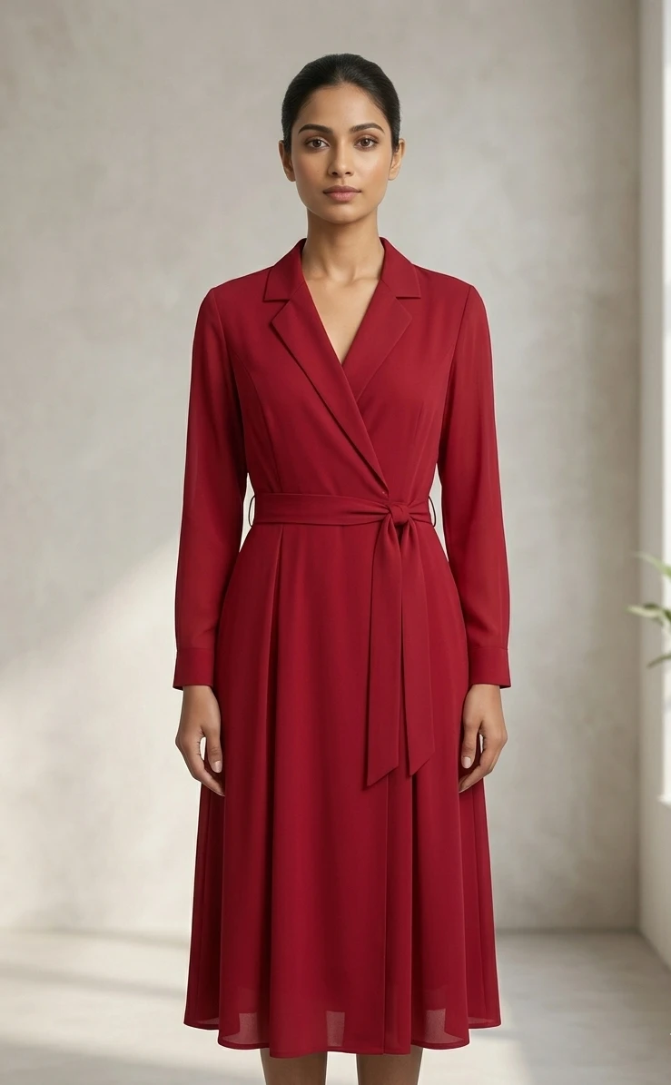 Elegant Women's Blazer Collar Tie-Waist Midi Dress
