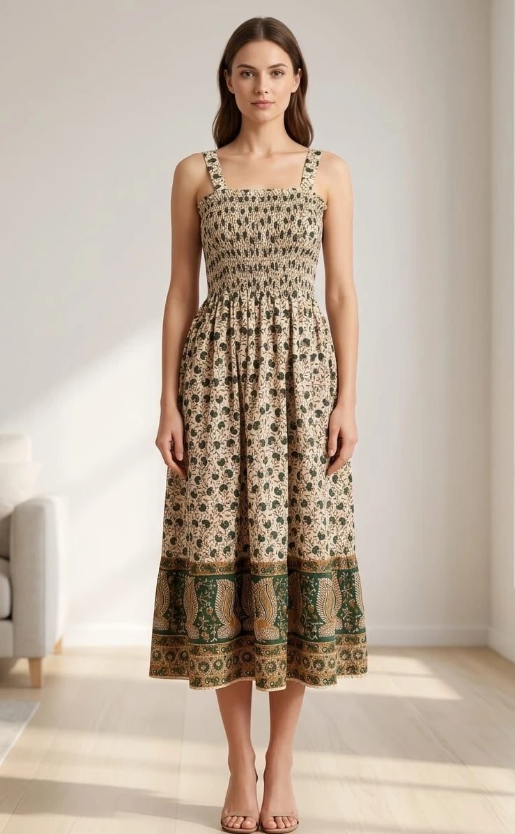 Floral Print Smocked Bodice Midi Dress