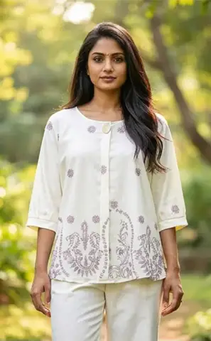 Women's Cream Floral Printed Round Neck Casual Kurti