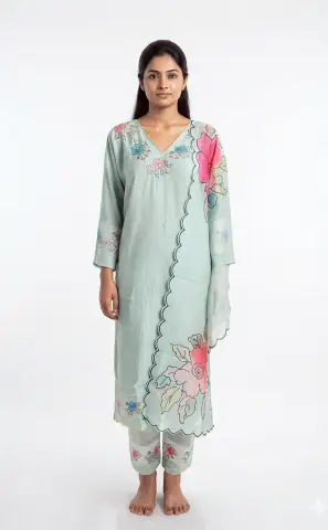 V-Neck Floral Patchwork Straight-Cut Kurti Pant Dupatta Set